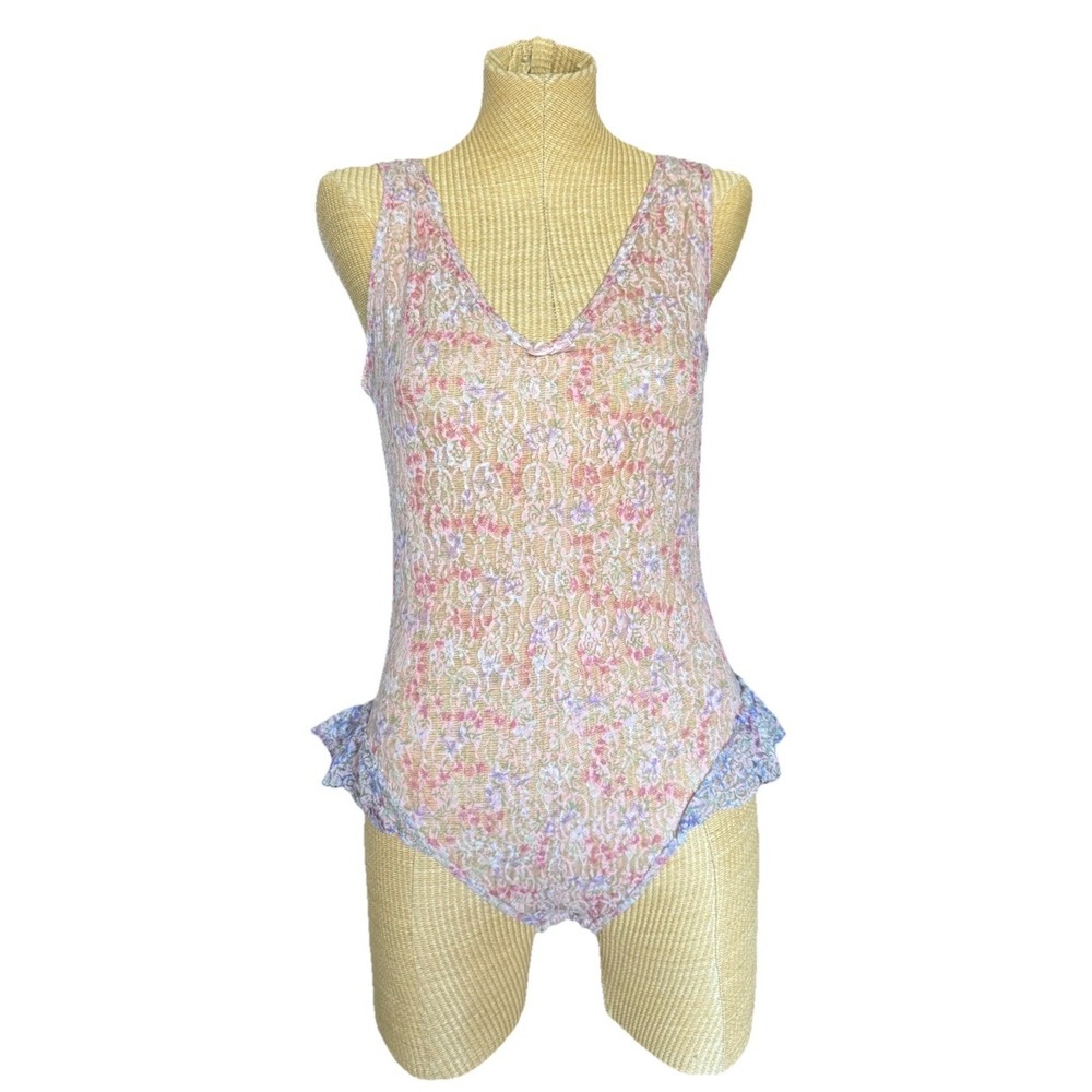 VTG Sears Lingerie Bodysuit Ruffle Feminine Pink Purple Floral Lace Sheer Medium